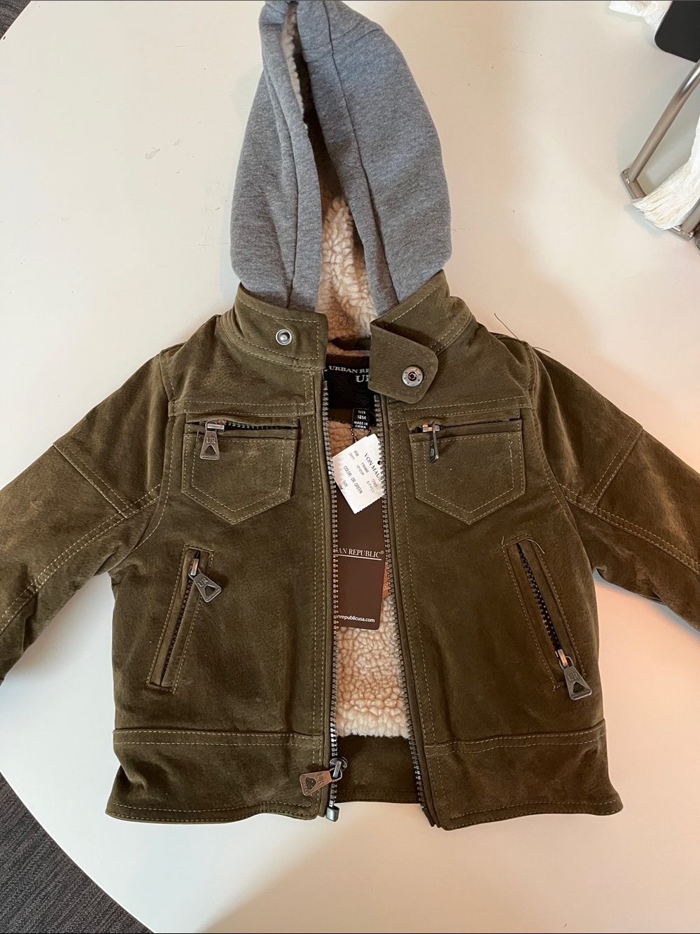 Urban Republic Olive Green Suede-Look Jacket with Gray Hood and Cream Sherpa